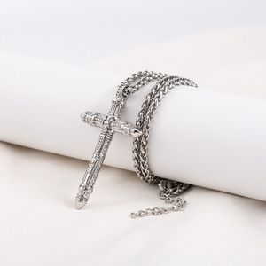 Men's Stainless Steel <b>Cross</b> Pendant Necklace Long <b>Chain</b> Hip Hop Style Geometric Design Gift Jewelry - Product Image 1