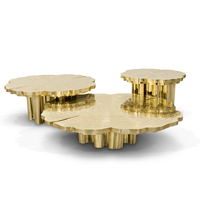 Table basse luxueuse en laiton poli avec placage en bois blanc, design unique en anneau de bois et finition vernie brillante