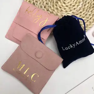 Custom private Logo Printed cotton linen Velvet Fabric Jewelry Pouches Small Drawstring Storage Packing Bag