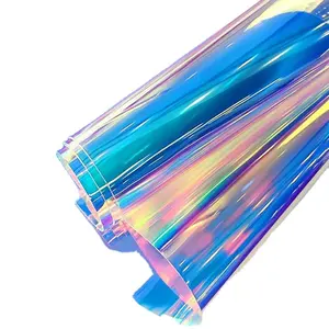 Wholesale 0.3MM blue gloss holographic PVC polyvinyl chloride for sewing shoes/bags/crafts/clothing/decorations