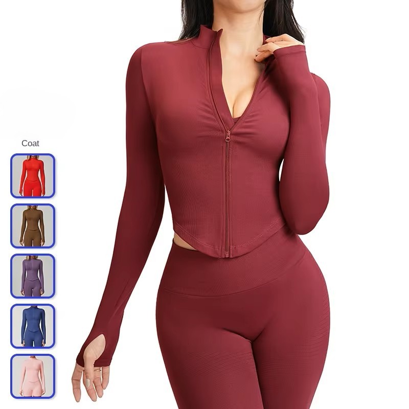 Stand Collar Zipper Long Sleeve Yoga Coat Women's Skinny Fit Quick-drying Wrinkle-resistant Spandex/Nylon Solid Front Logo Top