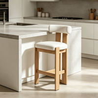 Tabouret de bar avec structure en bois massif frêne/chêne et assise et dossier rembourrés en tissu bouclé