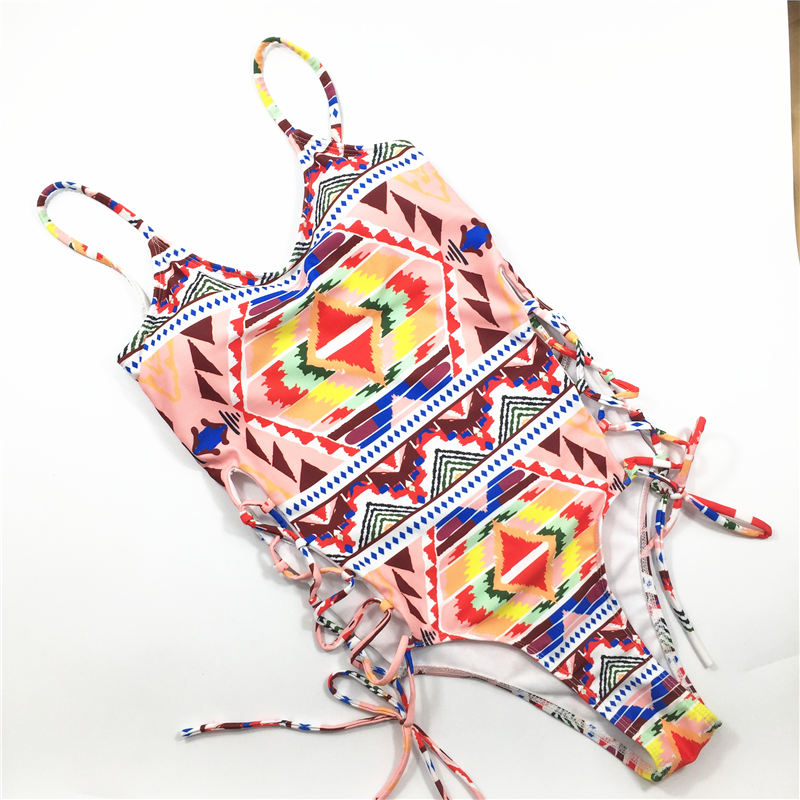 One-piece swimsuit Maldives style printed multi binding swimsuit custom swimwear sexy bikini
