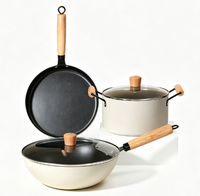 3PCS Set Peralatan Masak Anti Lengket Batu Maifan, Set Panci dan Wajan Dapur dengan Gagang Kayu, Wajan Penggorengan Panci Sup