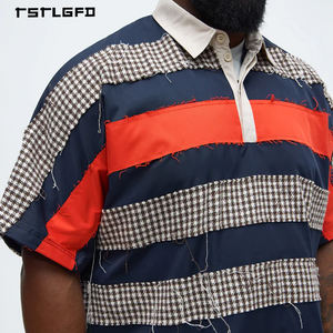 T-shirts pour hommes de haute qualité, personnalisés, vintage, color-block, OEM/ODM, bords bruts, patchwork pied-de-poule, style streetwear - Product Image 2