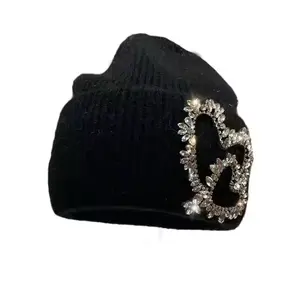 2024 Rhinestone Love Heart Rabbit Fur Knitted Hat Winter Outdoor Warm Ear Protection Beanie Fashion Woolen beanie