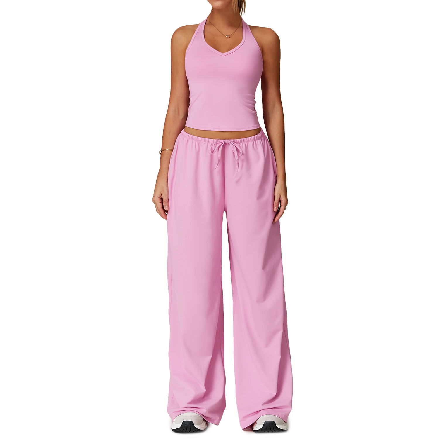 Women's Cross-border Solid Spandex/Polyester Yoga Sports Suit Quick-drying Halter V-neck Full Length 2-Piece Set
