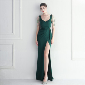 19935 em Estoque Craft Beaded Car Model Bridesmaid Performance Wedding Long Slit Evening Dress - Product Image 5