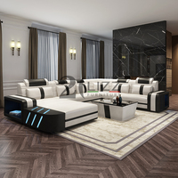 Ensemble de canapés en cuir véritable en forme de U, grand format, pour salon, style américain, avec éclairage LED