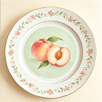 Service d'assiettes en porcelaine fine 4 pièces, bord doré, motif fruits, assiettes à dessert en céramique, vaisselle de table, cadeau de pendaison de crémaillère