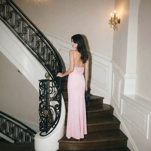Abito lungo elegante da sera con <span class=keywords><strong>schiena</strong></span> scoperta in pizzo, in poliestere, a vita alta, tinta unita, con spalline sottili e coda a sirena, per feste - Product Image 4