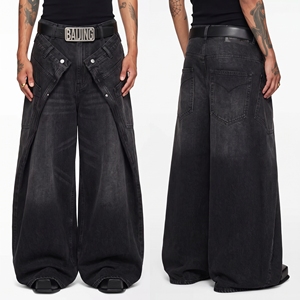 Jeans Baggy da Uomo con Pannelli Sovrapposti, Gamba Larga, Stile Cargo, Denim Nero Lavato, Streetwear, Etichetta Privata, Produzione in Fabbrica, Basso MOQ, ODM - Product Image 1