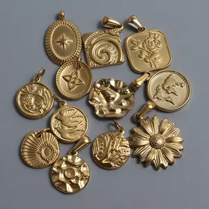 Retro DIY jimat baja tahan karat walet mawar aster gaya antik liontin koin bulat untuk wanita membuat perhiasan