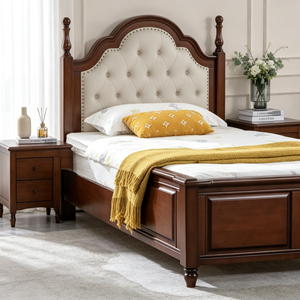 Traditional Mahogany Queen Bed Frame with Upholstered Faux Leather Headboard and Wooden Posts - Product Image 5