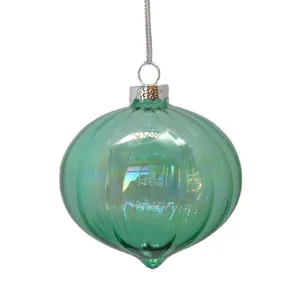 Boule transparente de luxe 80mm, irisée, verte, droite, rayée, en verre, ornements de noël