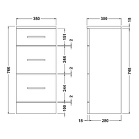 Meuble de salle de bain PTB moderne à trois tiroirs, blanc brillant, sur pied, avec vasque et armoire