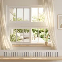 Ventana de marco negro de una sola hoja, montada a ras, ideal para casas modulares y estructuras horizontales de jardín.