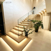 Escalier flottant moderne, escalier droit en bois, marches en bois massif, sur mesure en chêne rouge, chêne blanc, noyer noir, teck