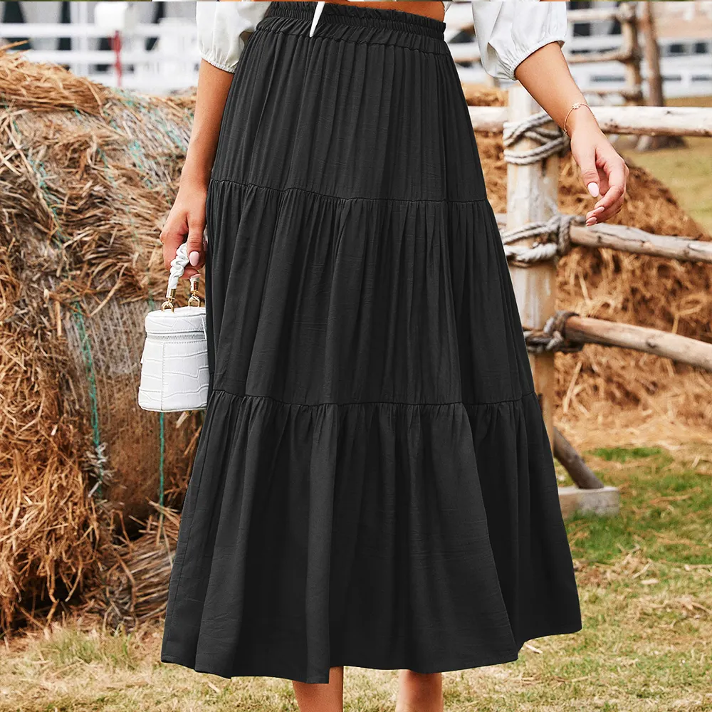 Boutique Women Clothing OEM Factory Elastic High Waist Casual Skirt A-Line Black Vintage Long Skirt Women