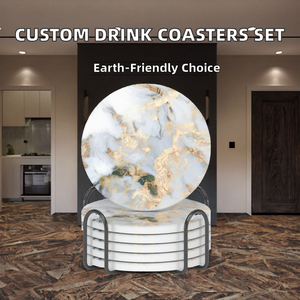 Custom Printed Eco-Friendly <b>Ceramic</b> Drink <b>Coasters</b> 82mm Dia Set of 4 with Holder - Product Image 2
