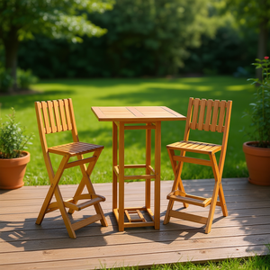 Ensemble de 2 tabourets de bar en bois d'acacia massif, taille moyenne, pliables, meubles de jardin d'extérieur, style rustique, couleur naturelle - Product Image 2