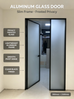 Porte d'entrée intérieure moderne à cadre en aluminium noir, vitrage simple trempé dépoli, pour résidence, type battante