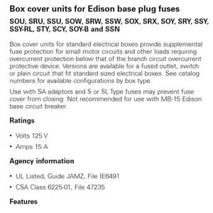 Unités de couvercle de boîte pour prise de base Edison SOU SRU SSU SOW SRW SSW SOX SRX SOY SRY SSY SSY-RL bSTY SCY SOY-B fusible SSN EATON Bussmann