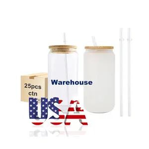 USA Warehouse RTS Frosted Glass Can 12oz 16oz DIY Blank Sublimation Beer Glass Can Cup With Bamboo Lid For DIY Printing