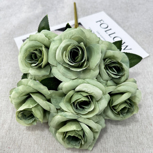 Boda Flor de Rosa artificial 7 cabezas Mesa Rosa Salvia Flores verdes Estilo europeo Ramo Centros de mesa Decoración - Product Image 1