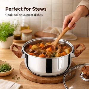 5pcs Stainless Steel Cookware Set with Retro Wood-Grain Handles Includes Stockpots <b>Mirror</b> Polished Induction Kitchen Pot Set - Product Image 3