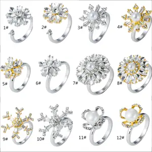2312 novo floco de neve moda anel rotativo feminino rede vermelho diamante conjunto vidro pérola mão solta