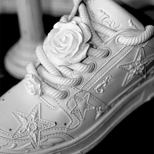3D Rose Embellished Women Skate Sneakers Embossed Star Pattern <b>White</b> Low Top Fashion Street <b>Shoes</b> - Product Image 5