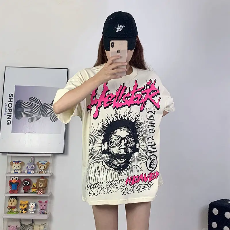 Nueva calidad superior Hellstar Unisex Street Style Oversized 100% algodón al por mayor personalizado Vintage INS impreso manga corta hombres camisetas