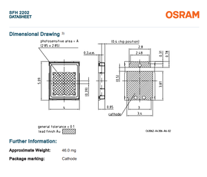 โฟโตไดโอด OSRAM รุ่น SFH 2202 เซ็นเซอร์ 830 นาโนเมตร 2SMD โฟโตไดโอด 830 นาโนเมตร 75 นาโนวินาที 120 °   ชิป LED แบบ 2-SMD - Product Image 6