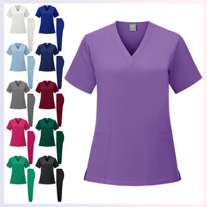 Women's V-Neck Scrub Set Quick Dry Multi Color Dental Nurse Uniform Split Set Woven Fabric S XXL - Product Image 1