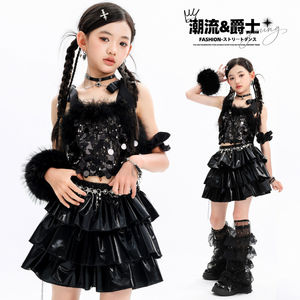 Costumes de <span class=keywords><strong>danse</strong></span> jazz pour filles, camisole noire à paillettes, jupe à volants superposés avec bordure en fourrure, ensemble de vêtements pour enfants pour spectacles sur scène - Product Image 2