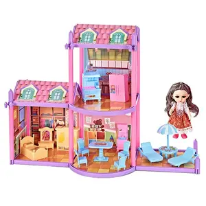 Rumah boneka, mainan merah muda bahan plastik mode anak-anak rumah bermain plastik mainan anak perempuan Diy rumah boneka bermain Set