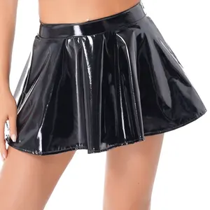 Распродажа, Женская Глянцевая юбка-клеш из лакированной кожи, мини-юбки трапециевидной формы с невидимой молнией для клубных танцев