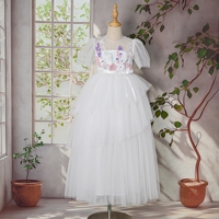 Robes de demoiselles d'honneur pour enfants, style occidental, col rond, manches courtes, appliques florales, tulle blanc, qualité de marque