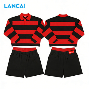 Ensemble de shorts vintage délavés sur mesure Lancai pour hommes, chemise de rugby à manches longues à rayures cousues, style polo de rugby pour hommes, survêtement - Product Image 1