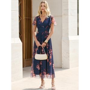 Vestido Maxi Floral para Mujer, Cuello en V, Manga Corta, Corte en A, Chifón Transparente, Cintura Imperio, para Vacaciones, Playa, Invitada de Boda, Fiesta - Product Image 3