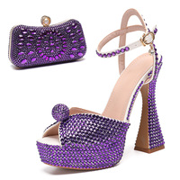 Sandales de soirée de luxe à talon bloc et plateforme, ornées de strass, à bout ouvert et bride cheville, pour femme, grandes tailles, avec pochette assortie