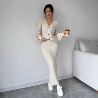 Ensemble 2 pièces pull et jupe en maille col V anti-boulochage à boutons, coupe ample, couleur unie, décontracté, pour femme, en Spandex/Coton – Collection Hiver