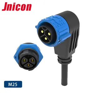 Jnicon M25 Push Lock Right angle 90 degree IP67 PA66 Waterproof Connector 3pin To 3pin for 50amp