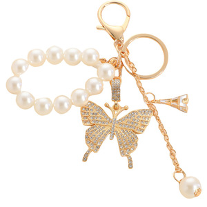 Wholesale Elegant Crystal Rhinestone butterfly Keychain Accessories Pearl Charms for Bracelet Beaded Bag Key Chain Metal Keyring