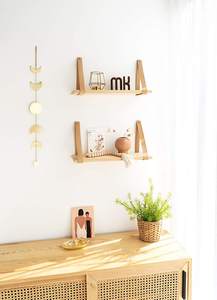 Ensemble de 2 Étagères murales pivotantes modernes avec bracelet en <span class=keywords><strong>cuir</strong></span> Étagères flottantes en bois avec anneaux de suspension - Product Image 3