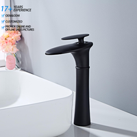 Robinet de lavabo cascade noir à poser sur le comptoir, tout en laiton, monotrou, eau froide et chaude, pour lavabo de table