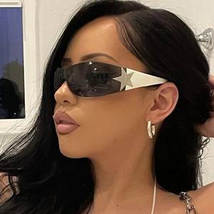 Gafas de sol sin marco azules de una pieza de moda americana Europea diseño de pentagrama curvo al por mayor ciclismo personalizado - Product Image 2