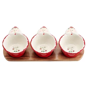 Set Of 3 Multicolored Christmas Decor Dinnerware Ceramic Santa Dip Bowls with Wood Base