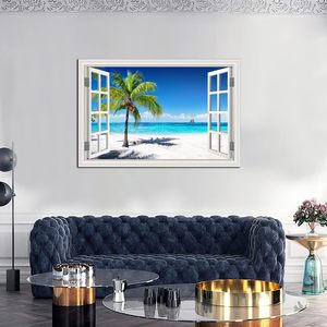 Pintura de Océano Azul, arte de pared, estilo de marco de ventana blanca con lienzo impreso de palmera para sala de estar, playa, decoración del hogar - Product Image 2